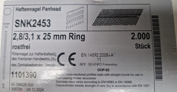 Streifen-Haftennagel 20&deg;  2,8x25 mm Ring Edelstahl 2000 St. / Karton