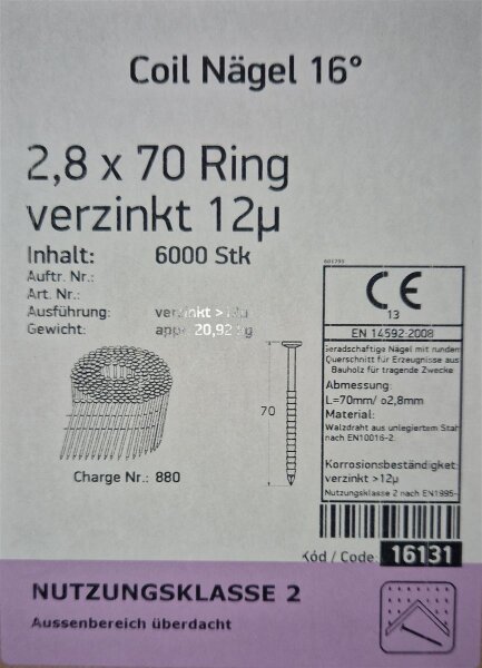 2,8x70 mm Ring  verzinkt 12&micro;m Coiln&auml;gel 16&deg;    6000 St&uuml;ck / Karton