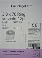2,8x70 mm Ring  verzinkt 12&micro;m Coiln&auml;gel 16&deg;    6000 St&uuml;ck / Karton