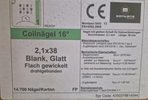 2,1x38 mm Glatt Coiln&auml;gel 16&deg;   14700 St&uuml;ck / Karton